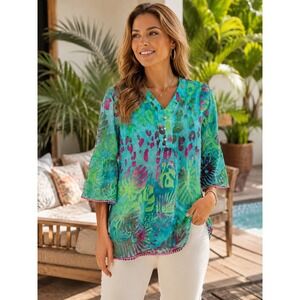 Adore Tunic Top Womens Large Turquoise Tropical Leopard Burnout Bell Sleeve